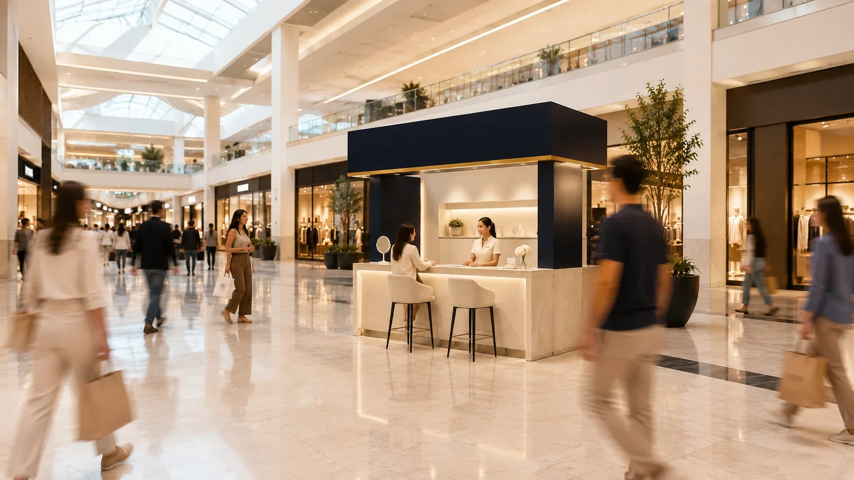 El kiosco visto desde el pasillo del centro comercial, entre el flujo de gente